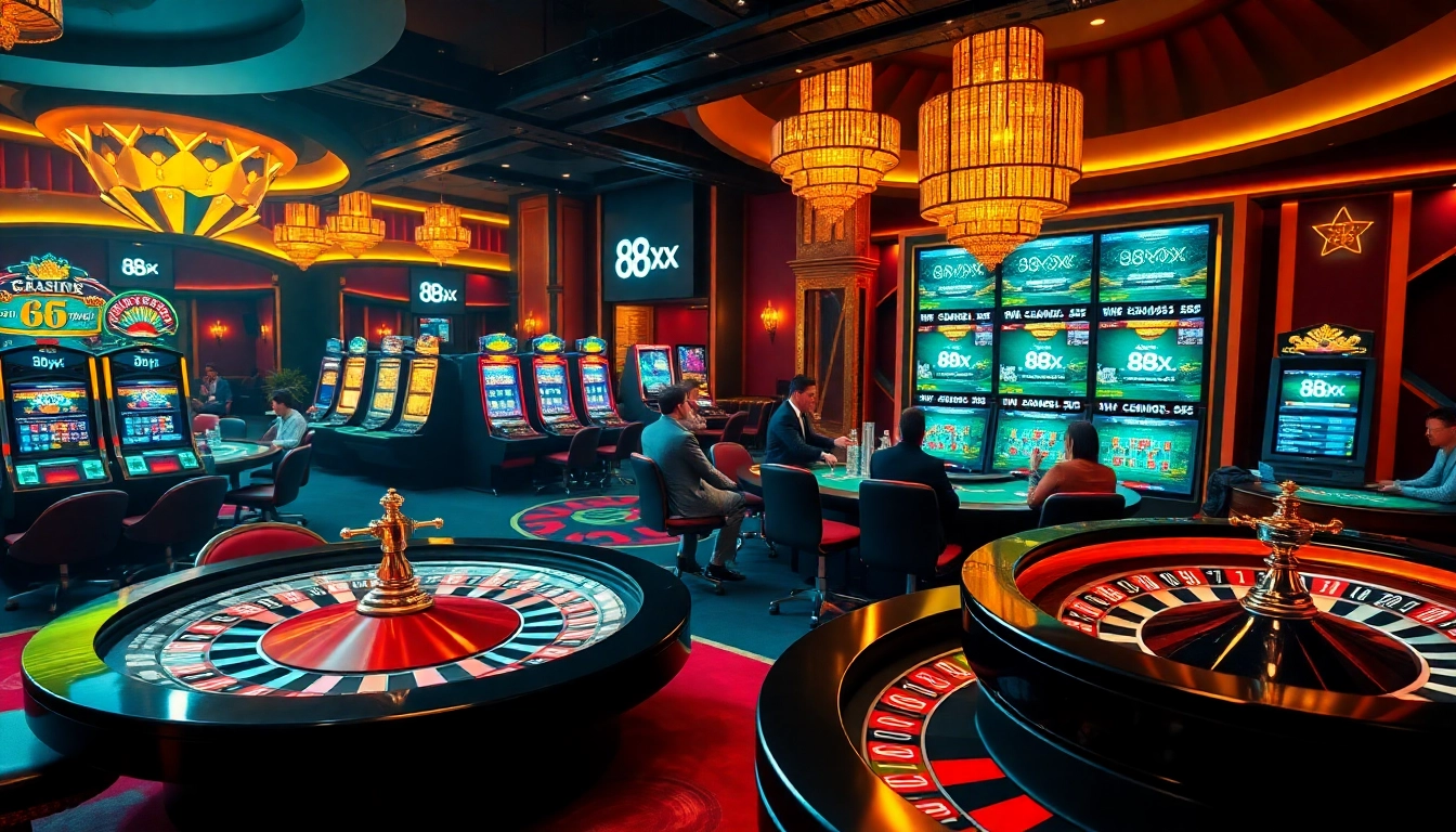 Intense gamblers strategizing with chips at 88xx casino tables amidst vibrant slot machines.