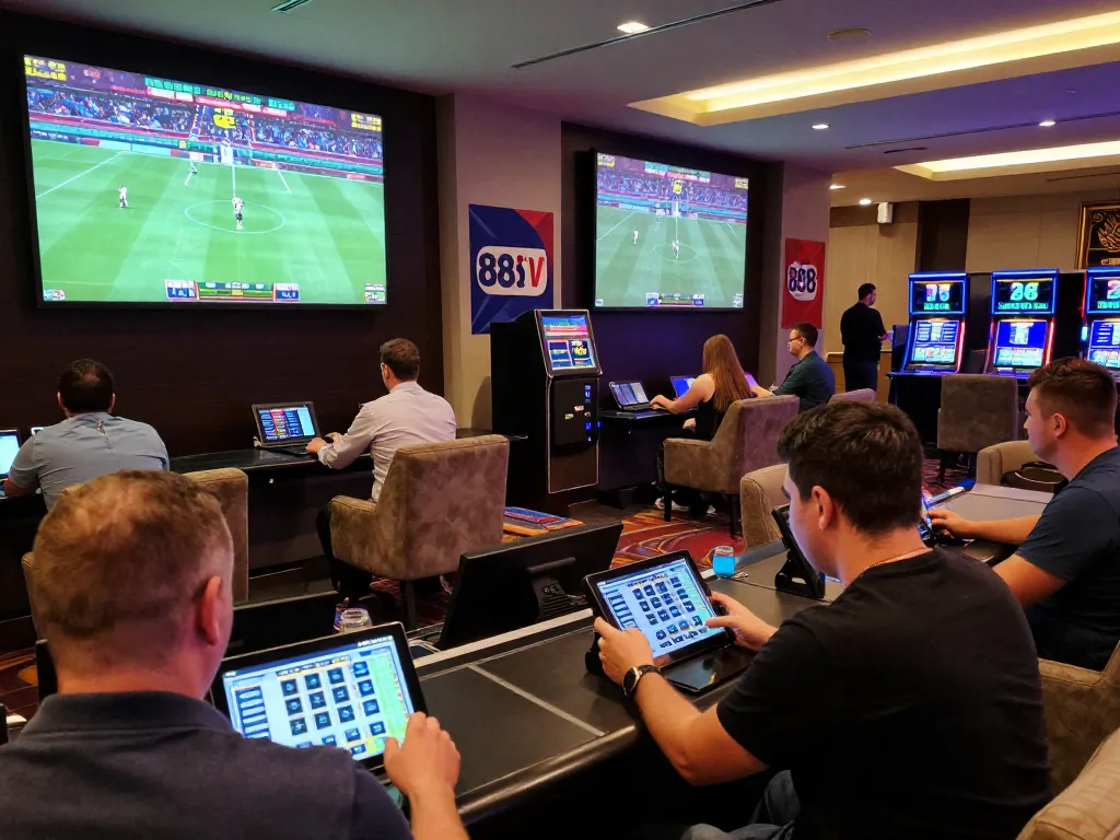 Excited bettors engaging in sports betting with 888VI screens displaying live events