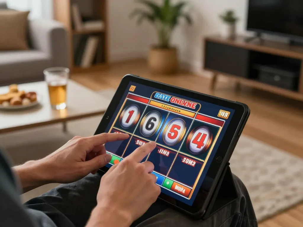Player enjoying 789win online slot game on tablet in a cozy living room setting