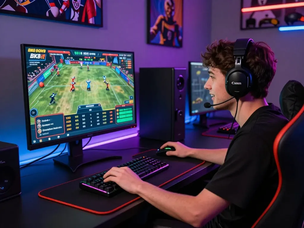 Immersive BK8 gaming experience showcasing live sports betting environment with player and gaming accessories.