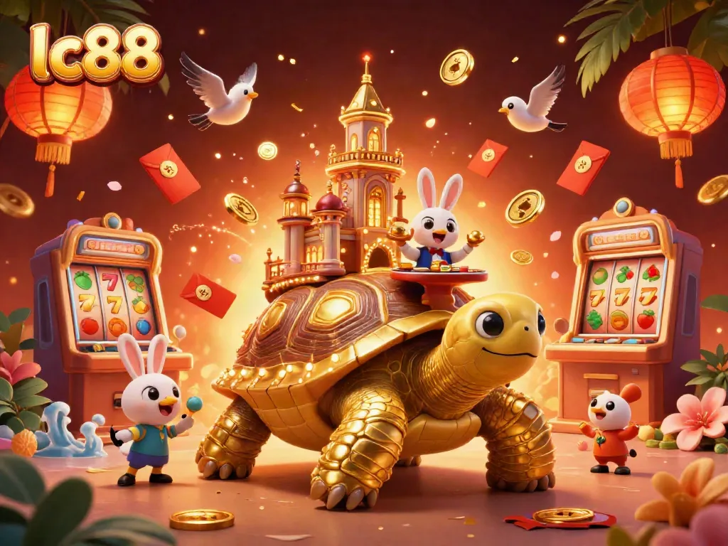 Engage with lc88's vibrant casino scene featuring a golden tortoise and a rabbit dealer.