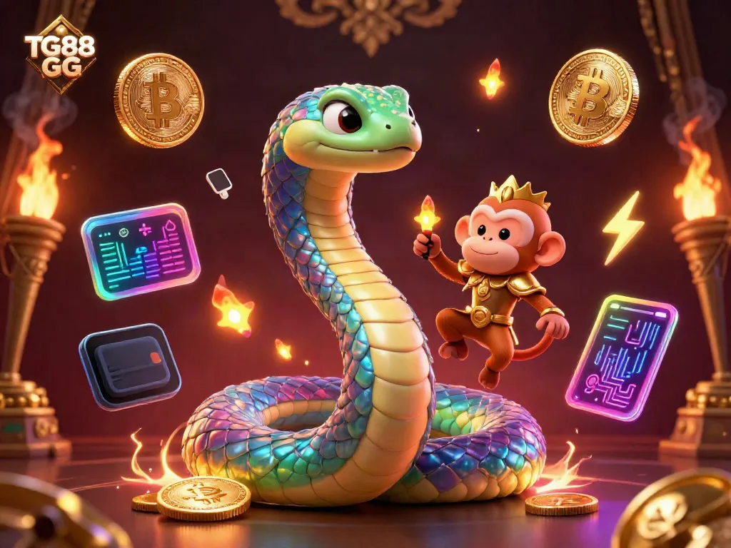 Engage with the vibrant gaming experience at TG88 GG illustrated with a playful monkey king and a rainbow serpent.