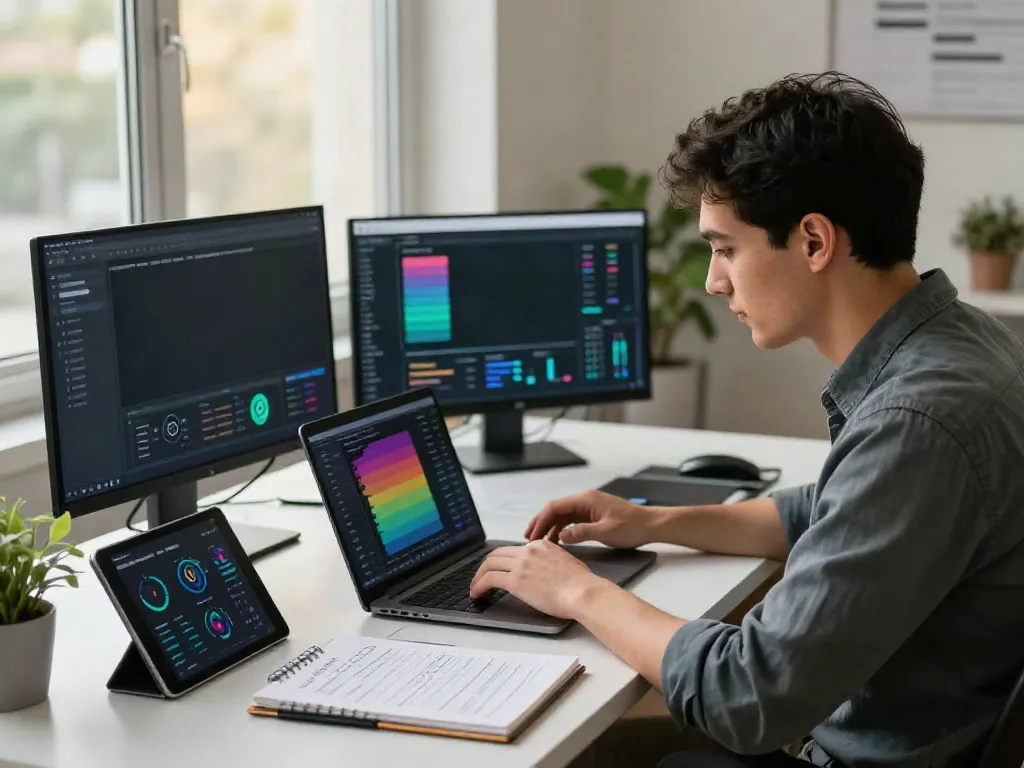 SEO specialist monitoring instant indexing data in a modern office.