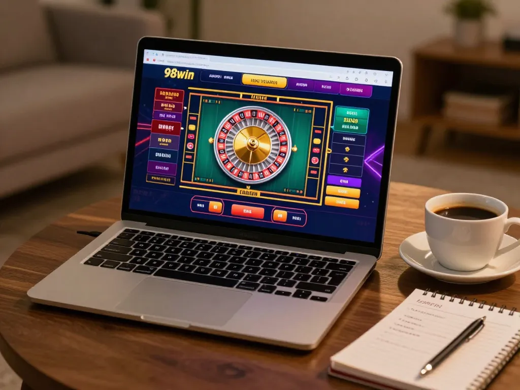 Engaging player enjoying 98win com casino gaming on a laptop in a cozy home setting.