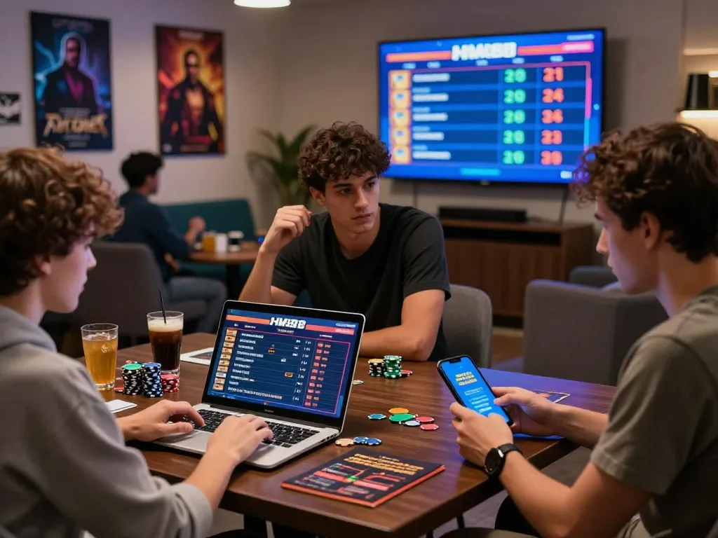 Players enjoying online betting at HM88, engaging with laptops and mobile devices in a vibrant lounge.