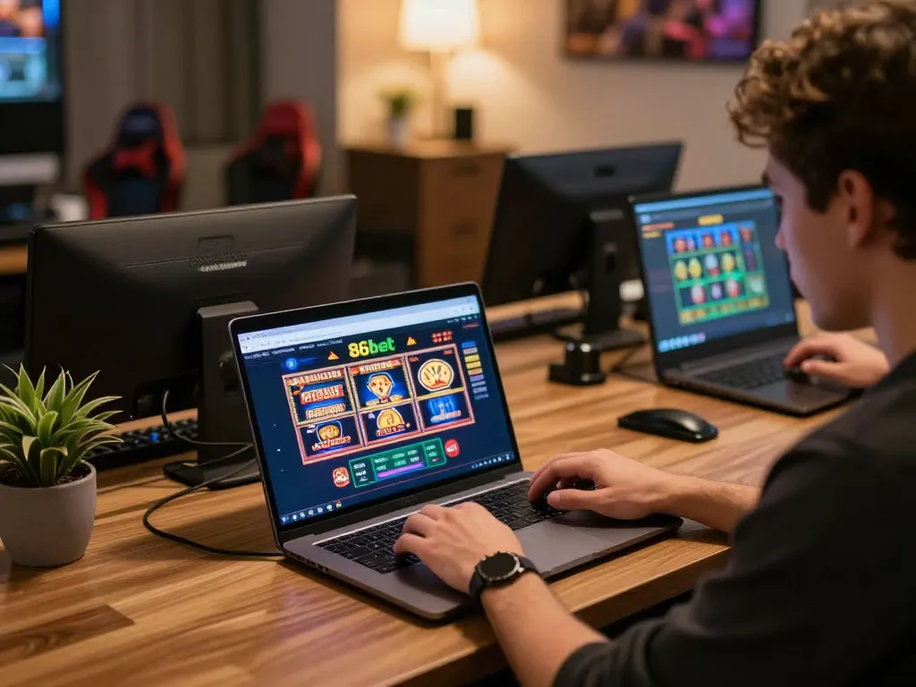 Player enjoying online gaming on 86bet platform with vibrant interface and warm atmosphere.