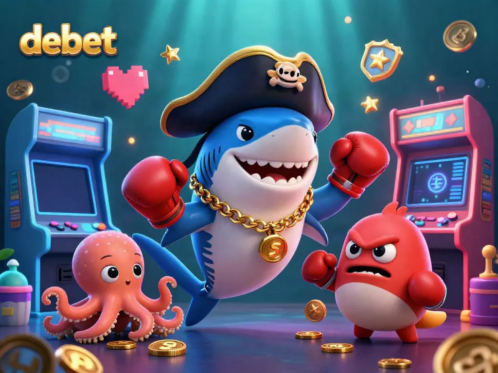 Experience the exciting debet casino adventure with cartoon characters and dynamic game elements in this vibrant illustration.