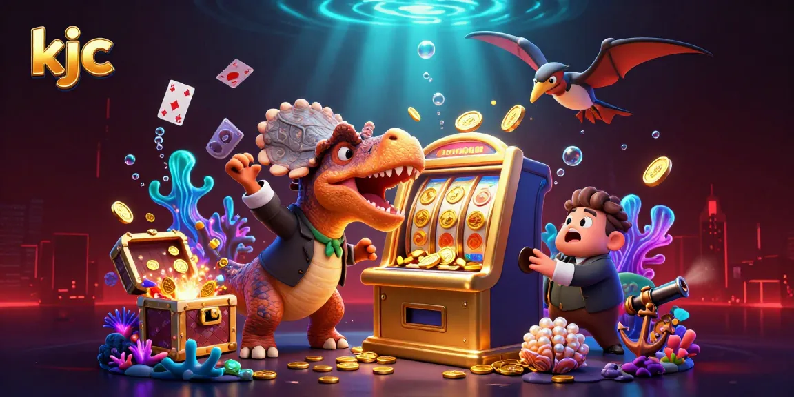 KJC characters winning casino jackpots while celebrating in an animated 3D underwater scene filled with treasures.