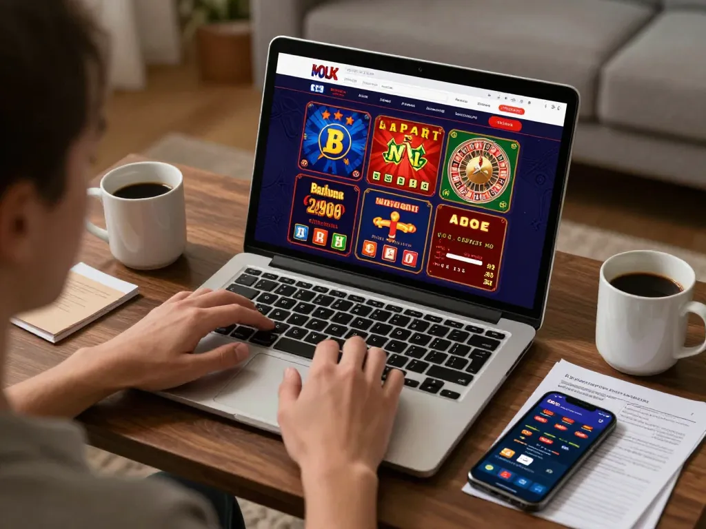 Player engaging with bl555 online casino on a laptop, surrounded by strategy notes and gaming apps.