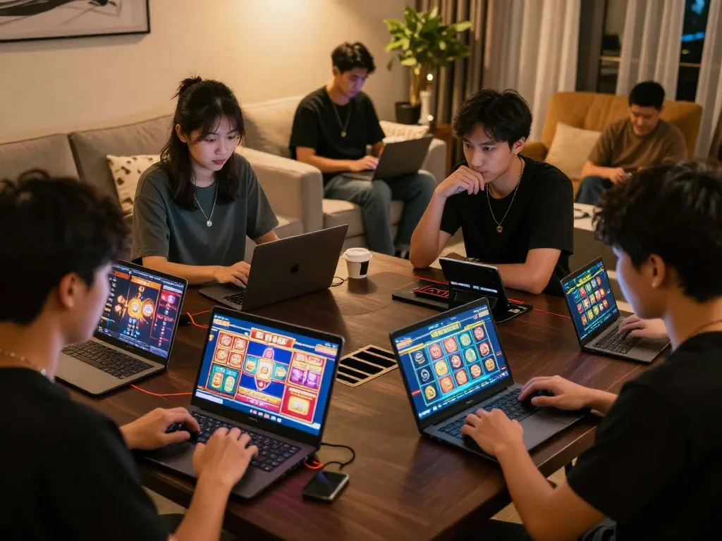 Players engaging with Bay789 casino games on devices, showcasing vibrant online gaming atmosphere