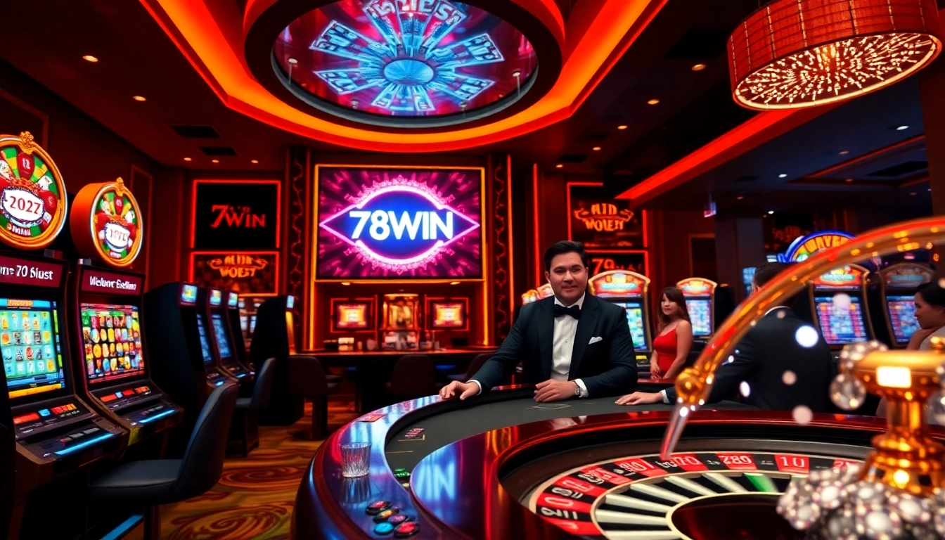 Experience the excitement of 78WIN with vibrant slot machines and elegant casino tables.