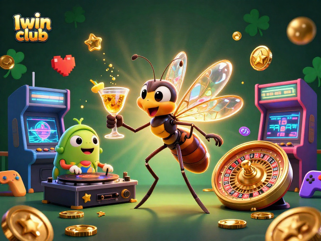Iwin club's vibrant gaming scene features a frozen mosquito mascot and a trilobite DJ.