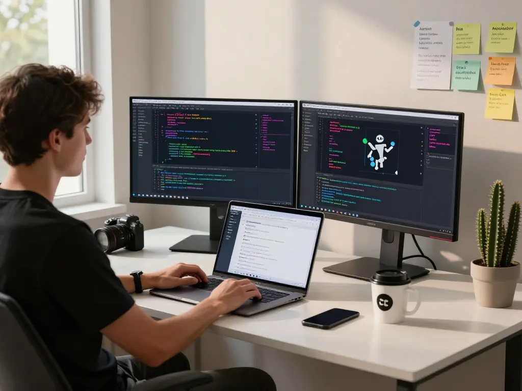 Programmer deploying clawbot in a modern AI development workspace with dual monitors and collaborative tools.