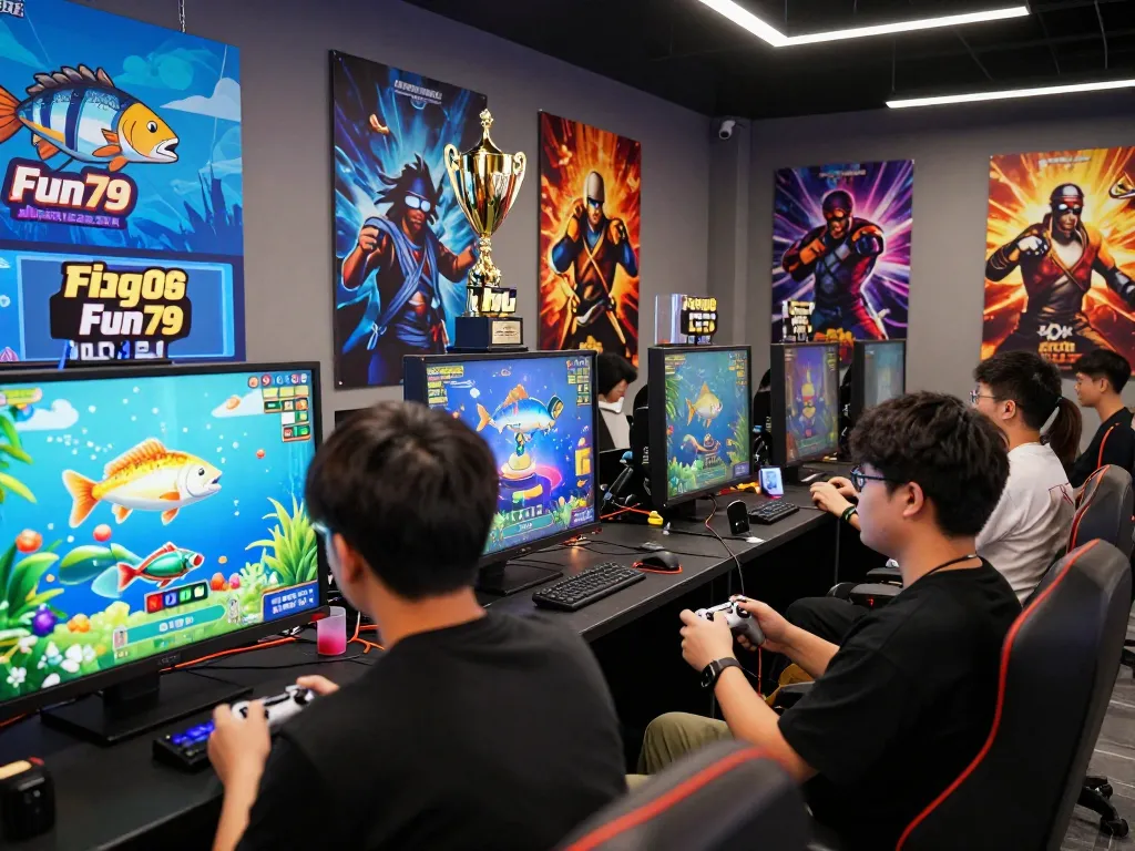 Competitive players enjoying fun79 fishing games in a vibrant gaming lounge