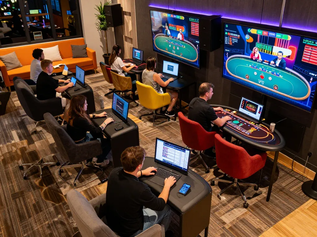 Players engaging in online casino gaming with okfun app interface on multiple screens.