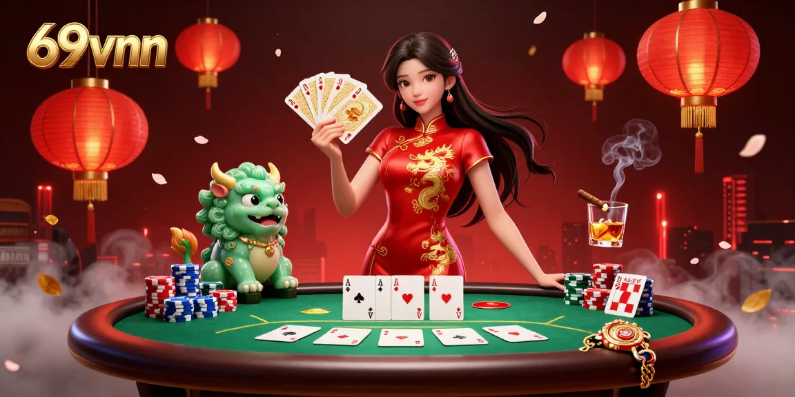 Engage thrillingly with 69vnn at the vibrant poker table, surrounded by dynamic casino elements and enchanting visuals.