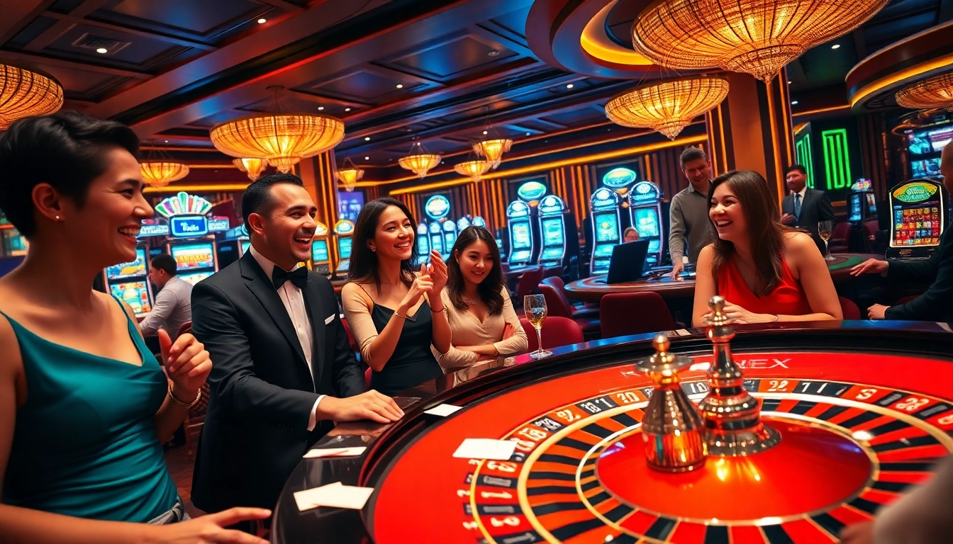 Players celebrating a win at a casino, inspired by https://hu88.za.com/ with vibrant games and excitement.