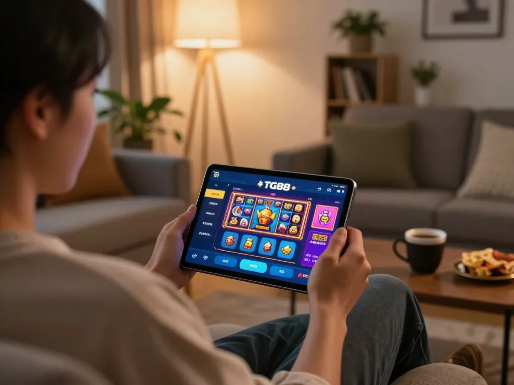 Engaging gameplay on the TG88 app in a comfortable living room, illustrating strategic online gambling.