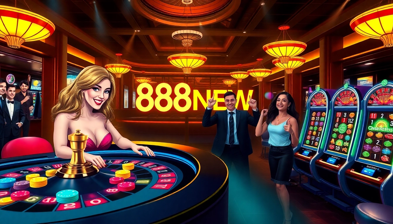 Gambling enthusiasts celebrating at 888NEW casino with vibrant slot machines and a roulette table.