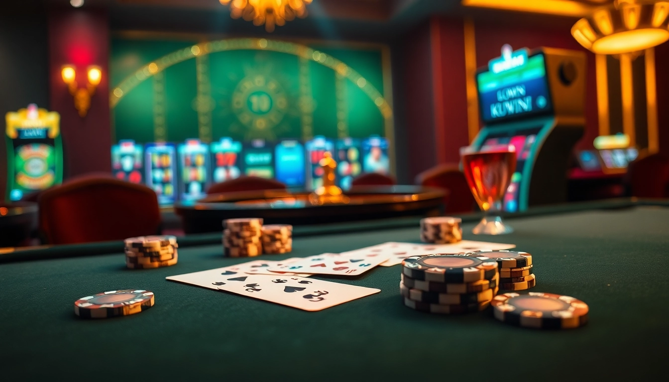 Experience gambling excitement at KUWIN with vibrant gaming tables and chips.