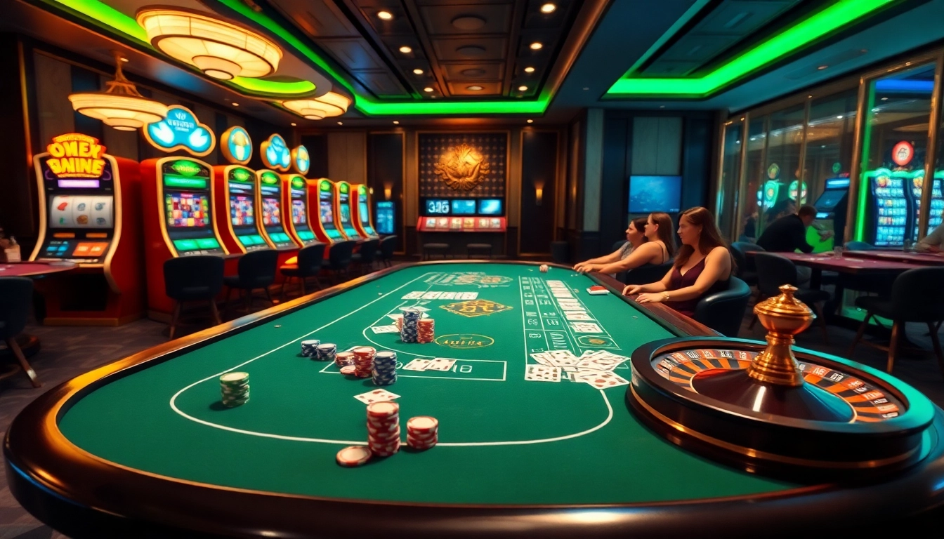 Engaging gamblers at the km1888b casino table showcasing cards and vibrant slot machines.