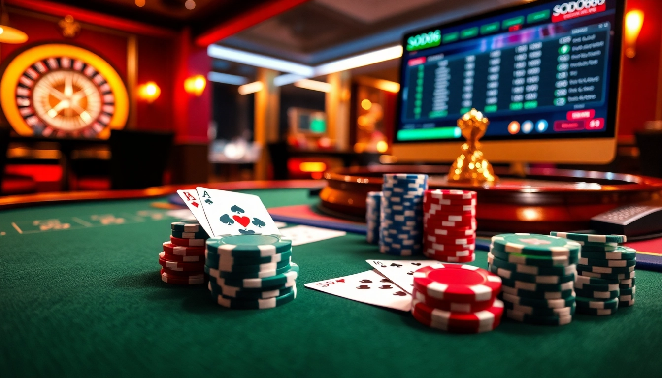 SODO66 online casino scene featuring vibrant poker chips and a roulette wheel, capturing the excitement of gambling.