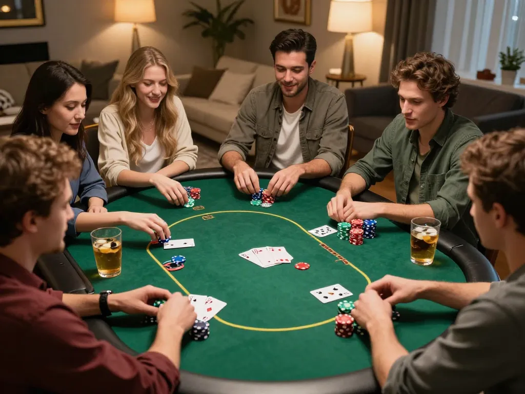 Friends playing poker at home, showcasing a vibrant game atmosphere, 78wingo's social gaming appeal.