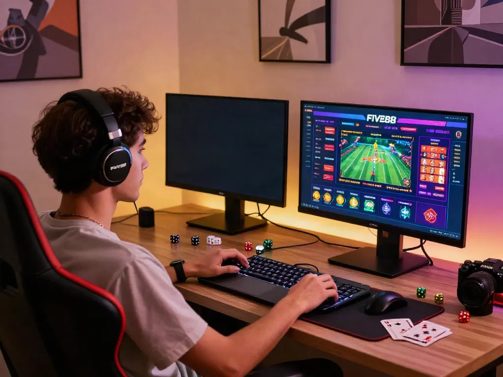 Enjoying an engaging online gaming experience with five88 on dual screens and gaming accessories.