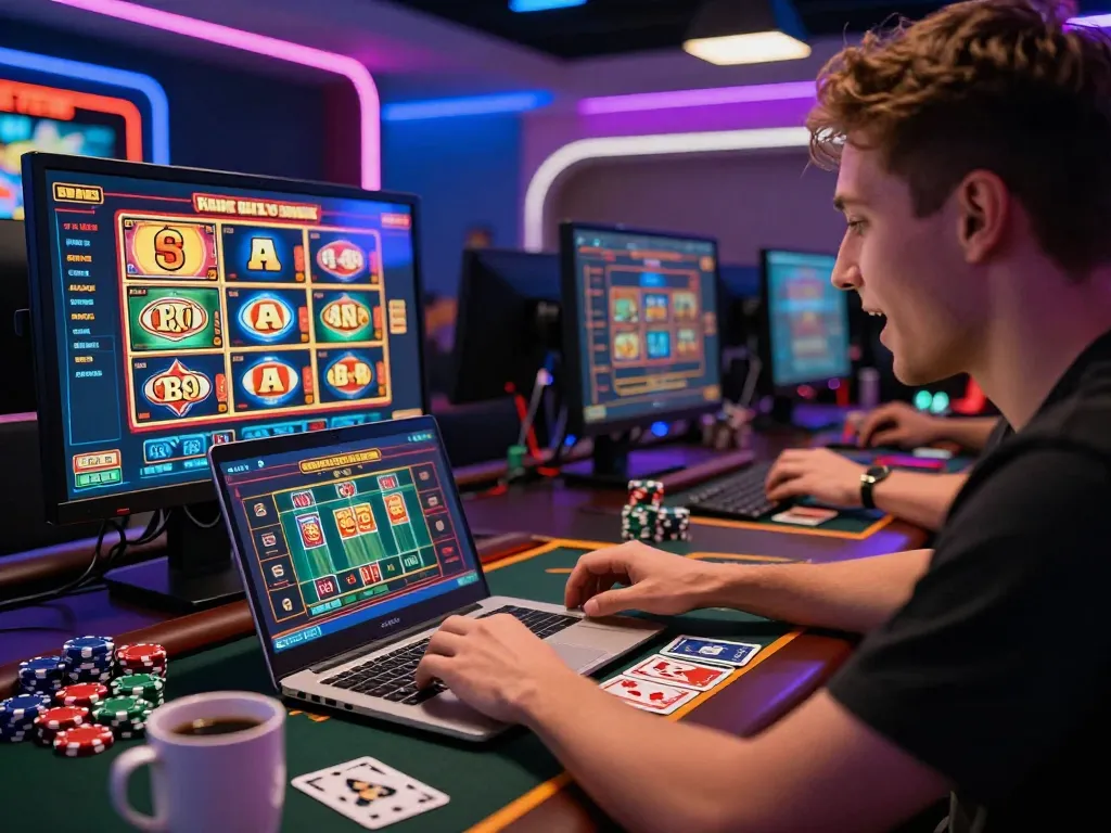 Excited player engaging with gem88 online gaming platform, vibrant atmosphere, colorful graphics, poker chips, immersive experience.