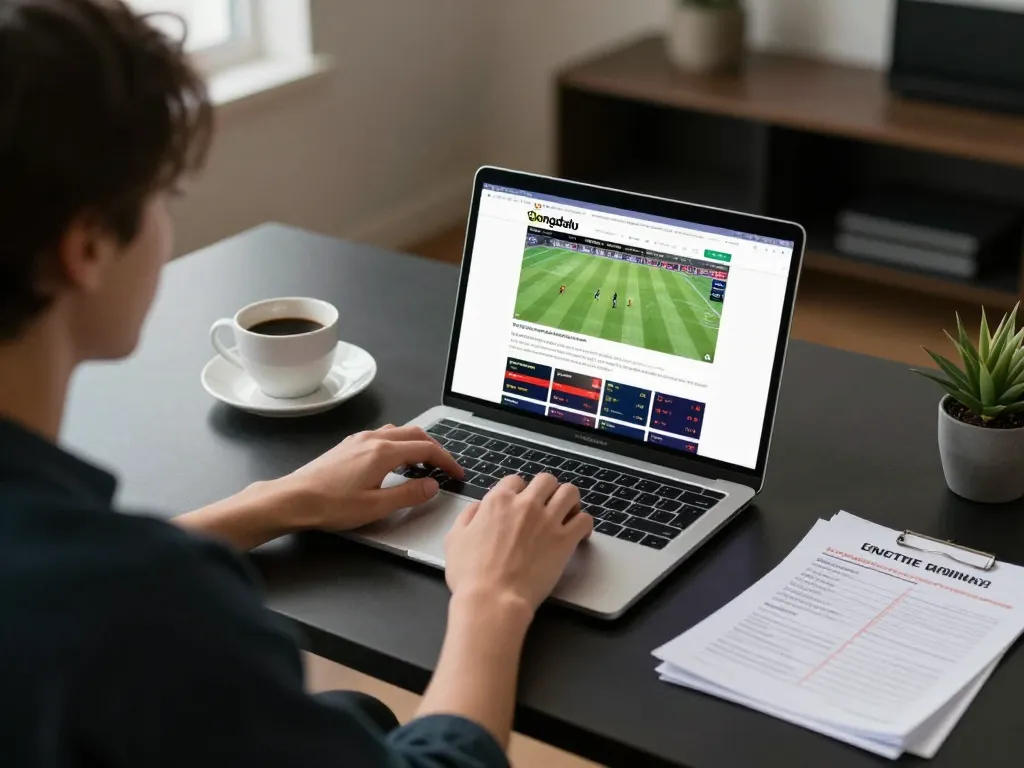Person analyzing live scores on bongdalu website from a home gaming setup.