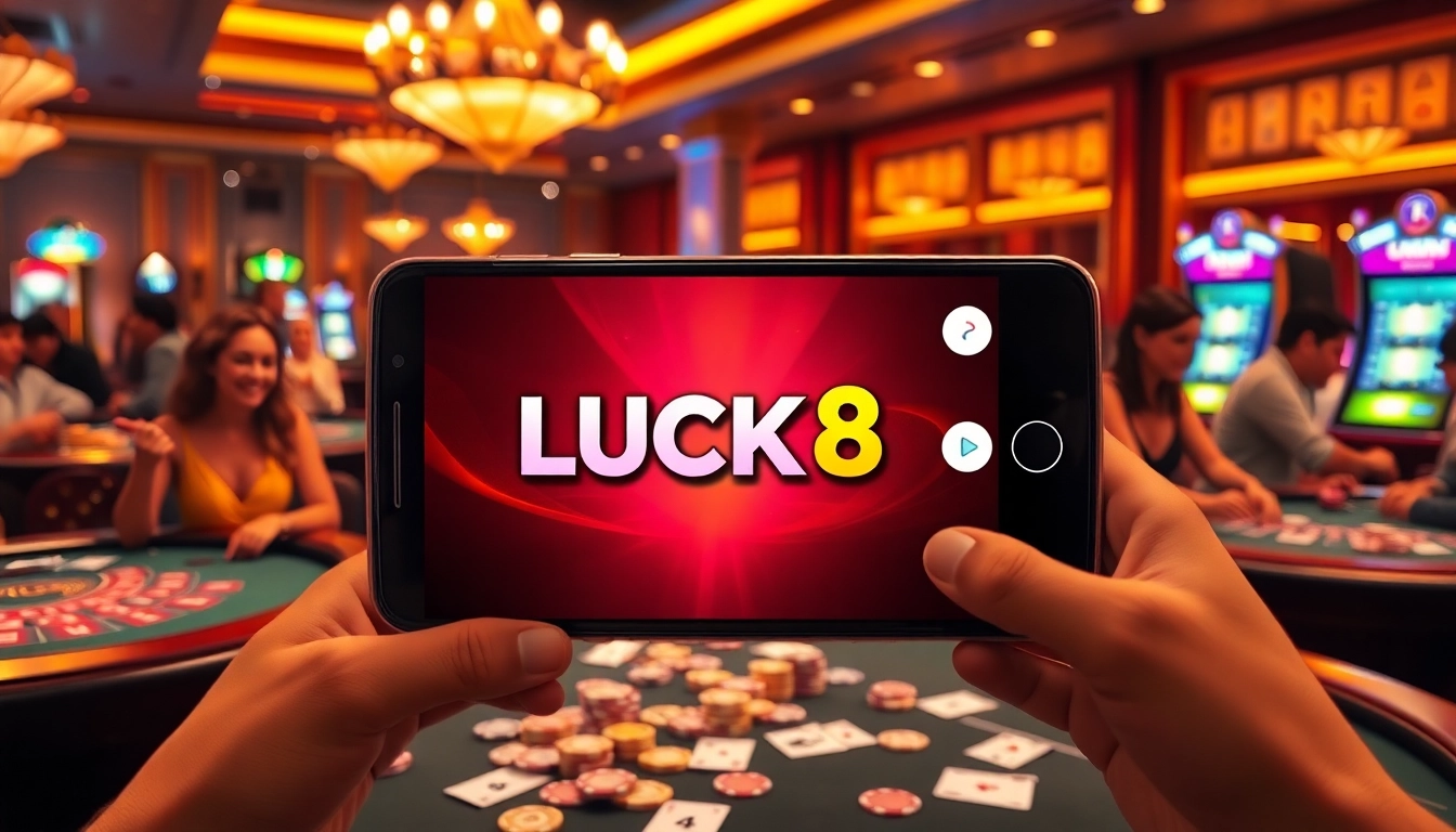 Experience the thrilling LUCK8 APP on a smartphone with vibrant casino elements surrounding players.