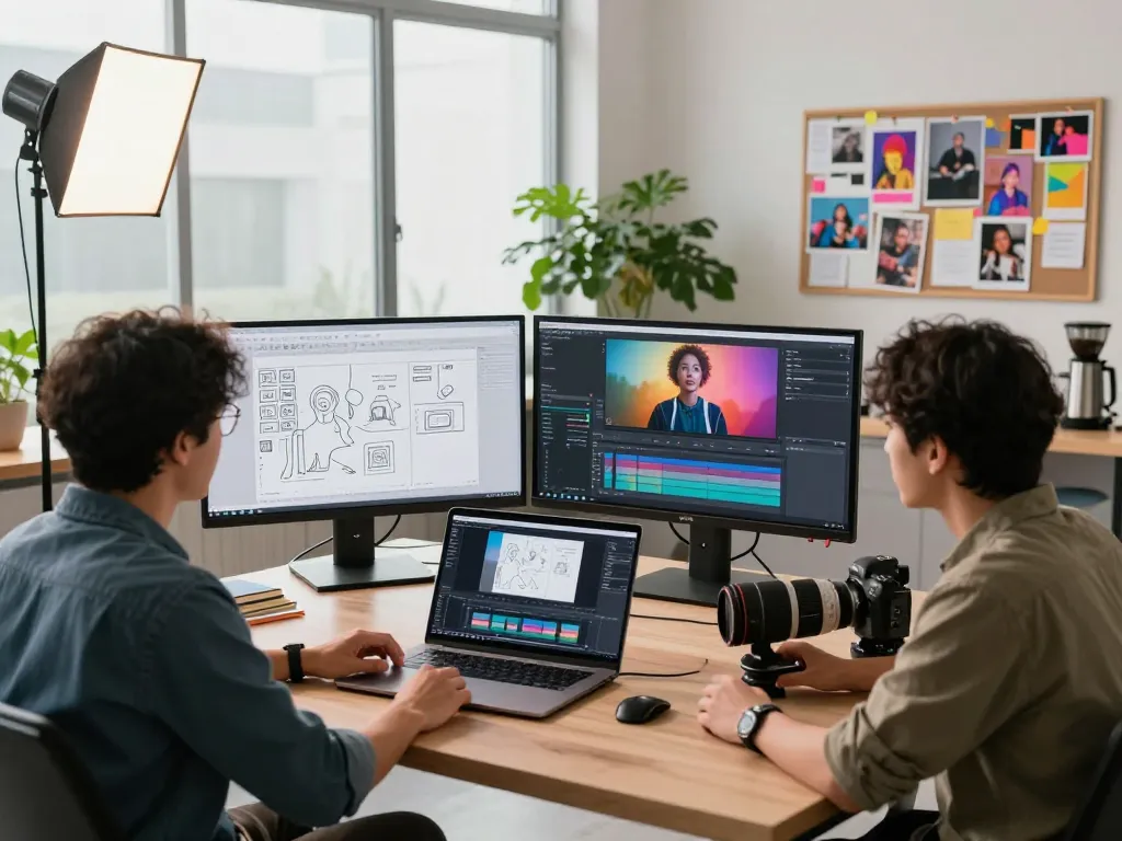 Creative team exploring seedance ai video production in modern workspace with dynamic visuals.