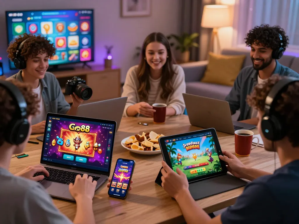Cổng game Go88's lively online gaming scene with diverse players enjoying various games on multiple devices in a cozy atmosphere.