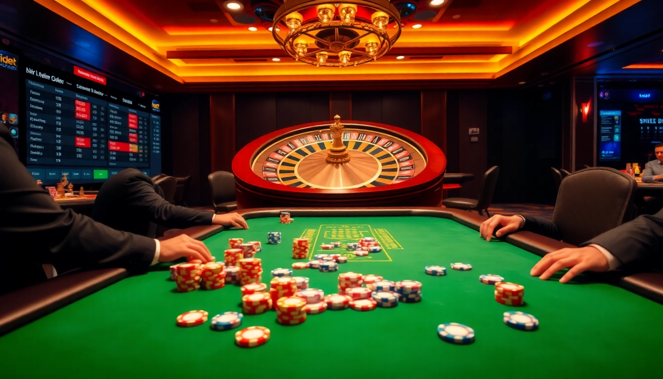 Experience thrilling poker action at https://i9bet.space/ with vibrant chips and a spinning roulette wheel.