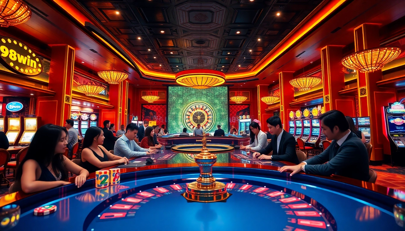 Exciting gaming atmosphere at 98win casino with diverse players and vibrant decor.