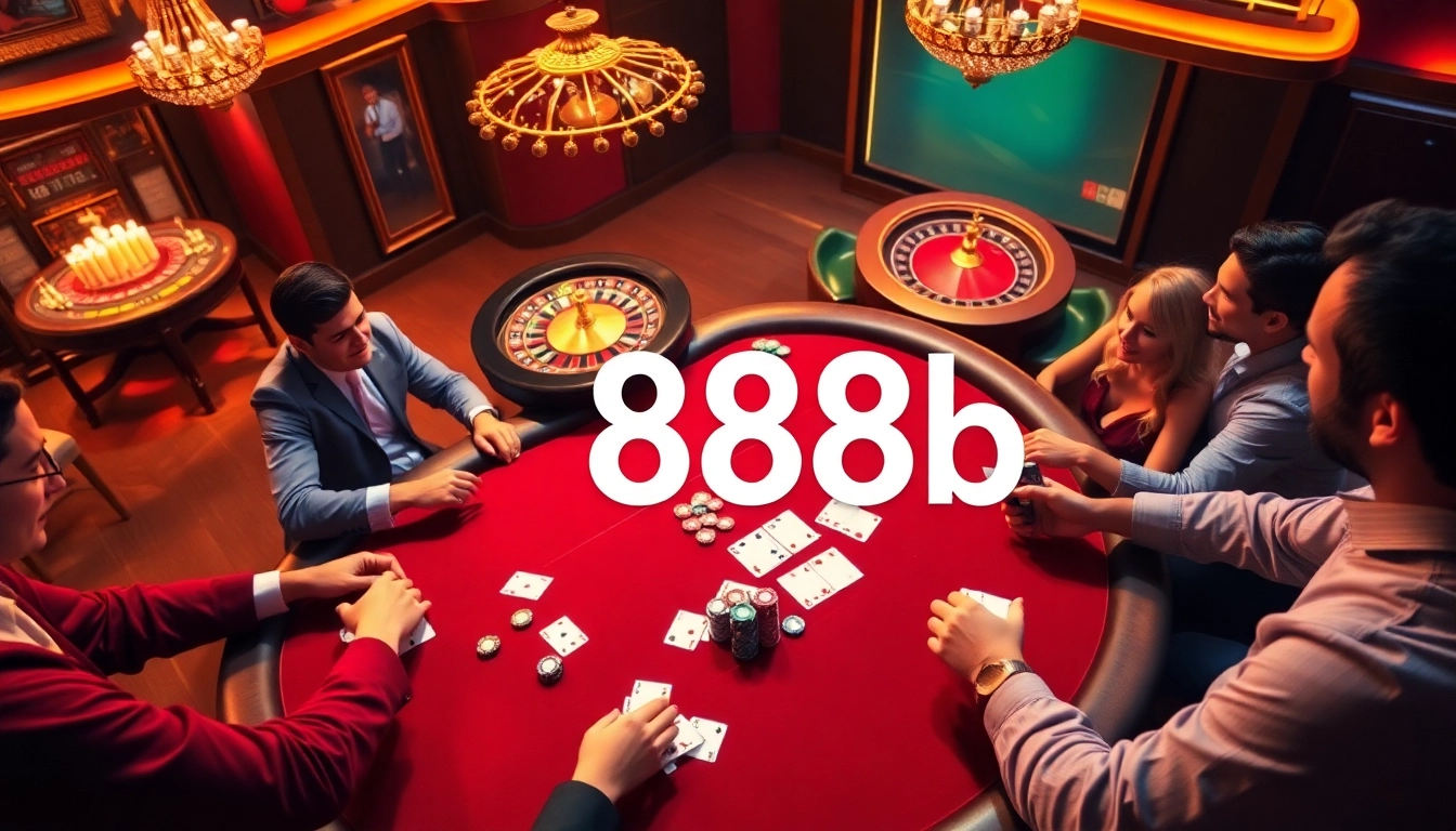 Players enjoy an exciting poker game at 888b's luxurious casino table, showcasing vibrant chips and cards.