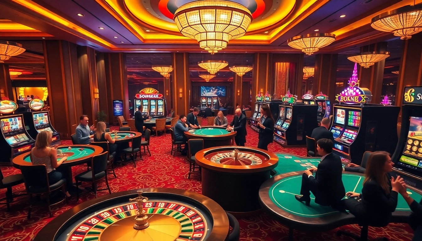SODO66 players celebrating wins at a vibrant casino with poker tables and slot machines.