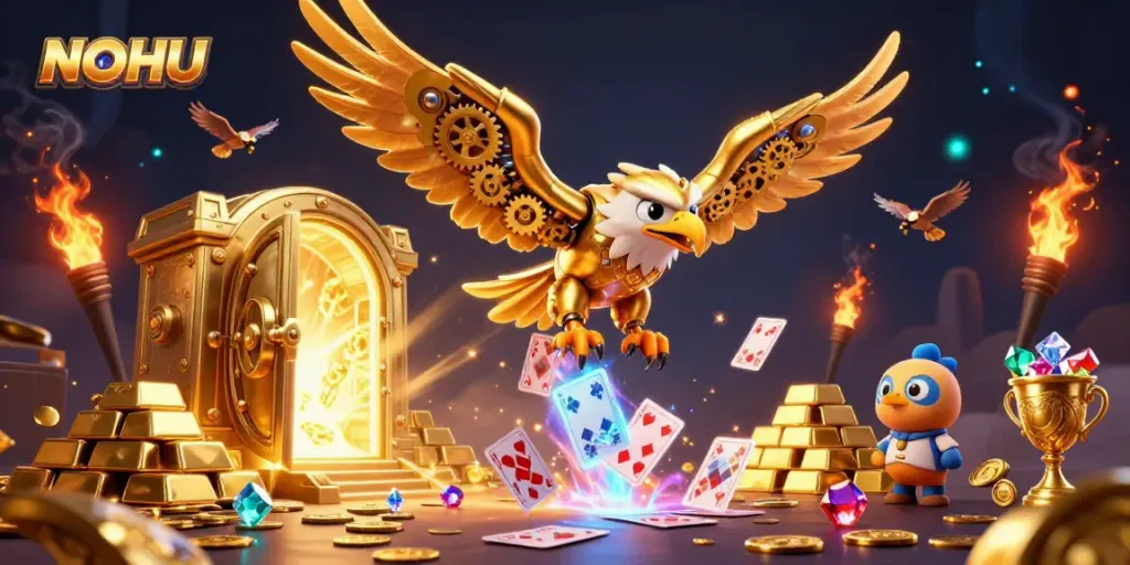 Experience the thrilling dive of the NOHU eagle amidst cascading holographic gaming elements.