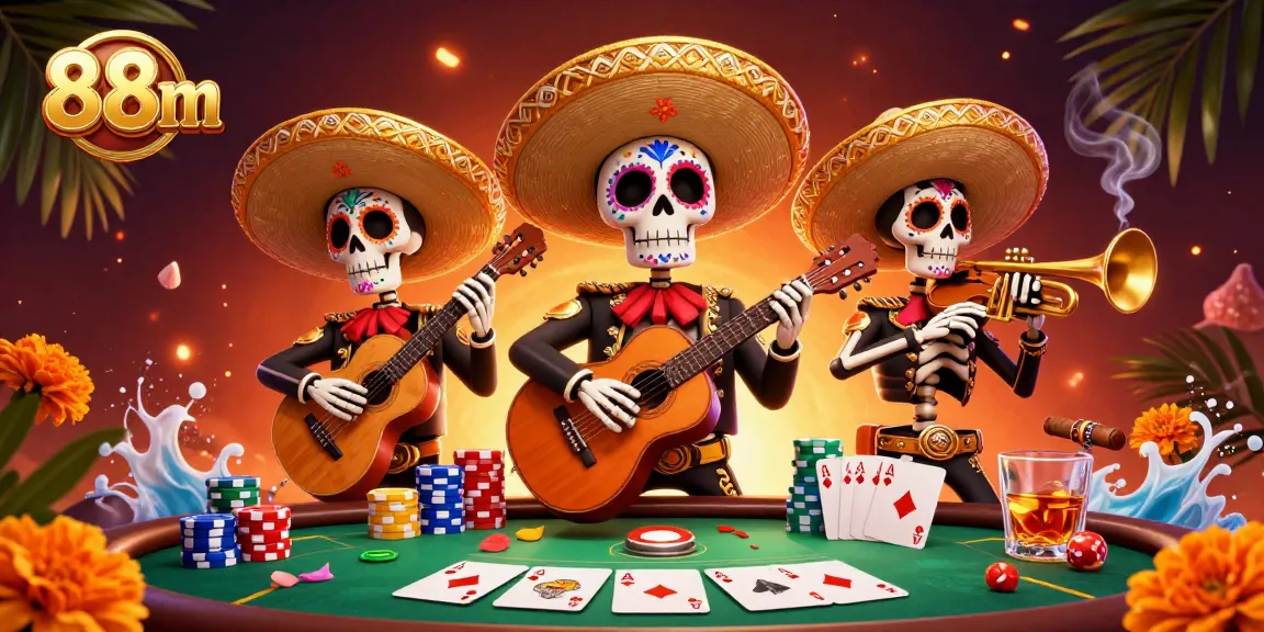 Experience exciting gameplay with 88m as colorful skeleton mariachi band surrounds dynamic poker game.