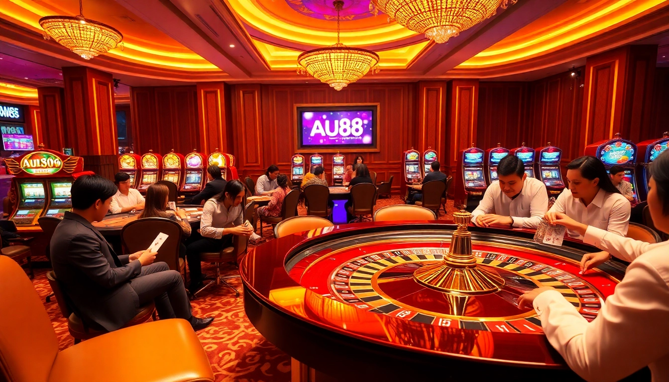 Experience AU88 cơ hội giàu sang with vibrant casino visuals showcasing roulette and excited players.
