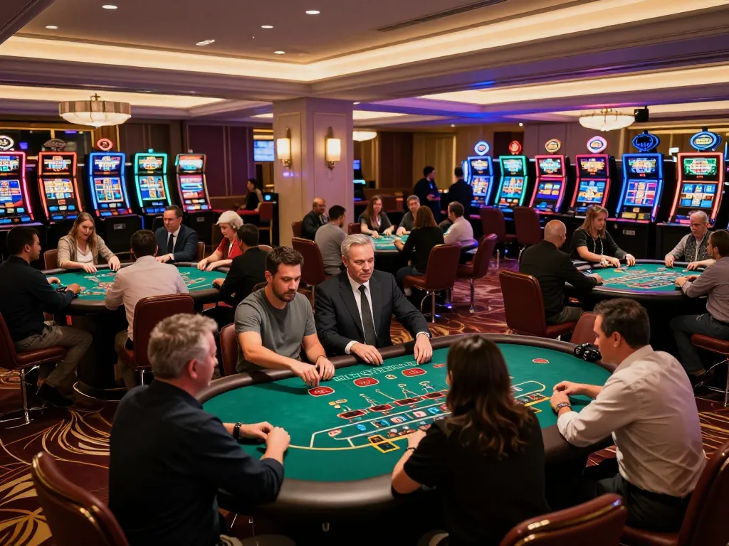 Players enjoying blackjack at Fly88's casino with thrilling atmosphere and elegant decor.