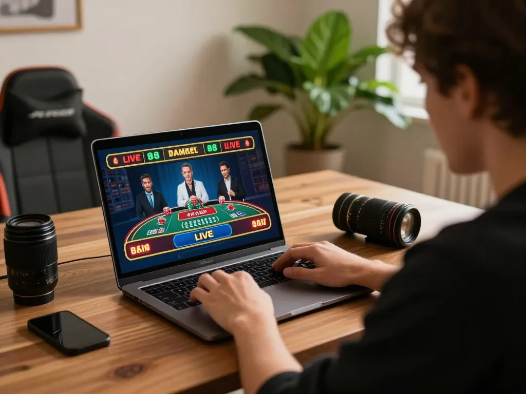 Engaging home gaming scene featuring a fun 88 live dealer game on a laptop, with a focused gambler.