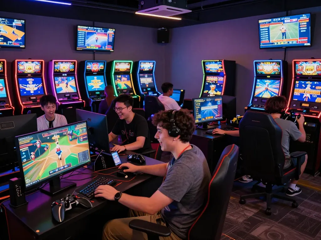 Sun win online gaming experience in a vibrant digital café, players enjoying various games with technology.