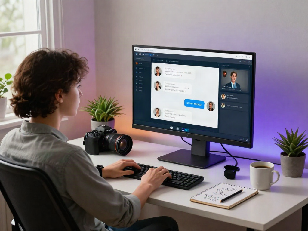 Engaging AI chat porn interface displayed on high-resolution monitor in a modern home office setting.