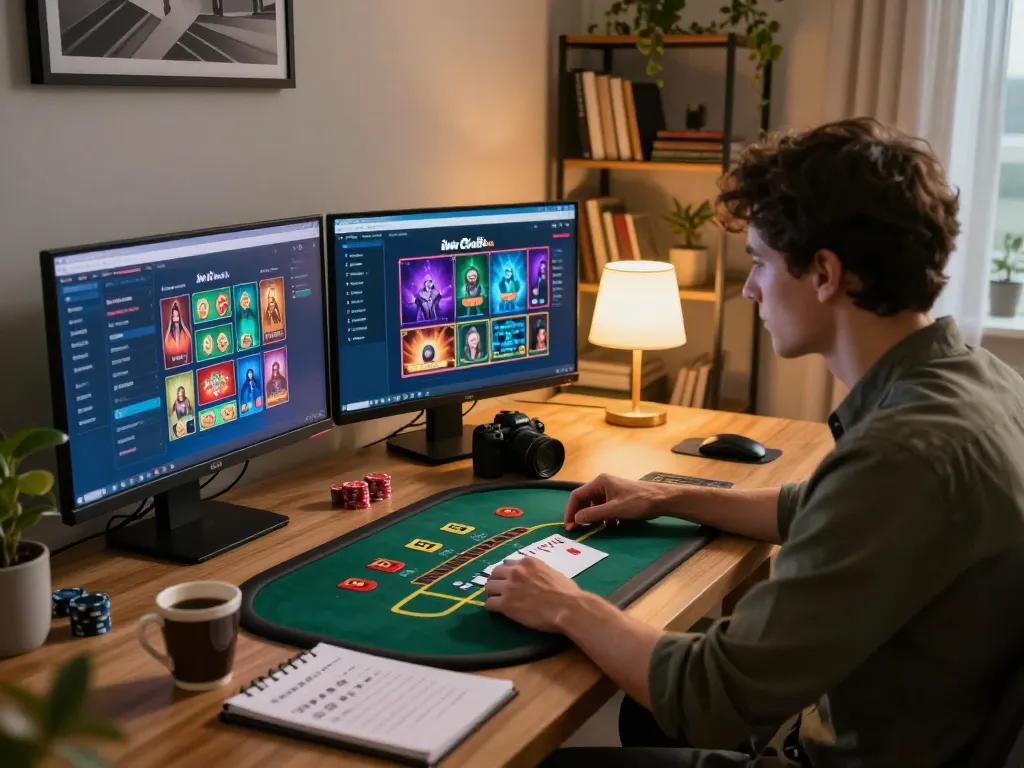 Engaging player at iwin club online casino, showcasing strategy while enjoying a cozy home gaming setup.