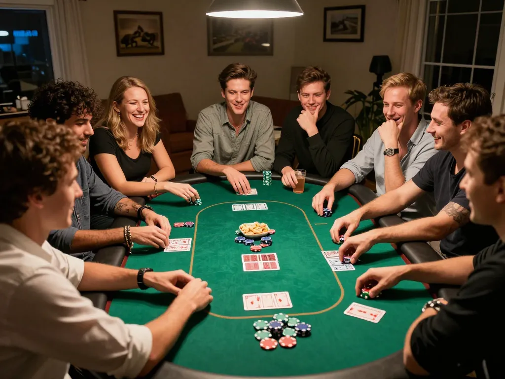 Players enjoying poker night at home while using 92slot com to manage their bets and strategies