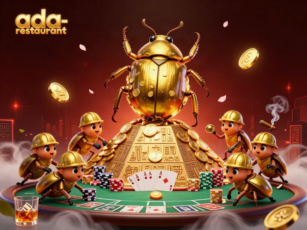 Engage in winning strategies with ada-restaurant through a captivating casino illustration of golden beetles and poker chips.