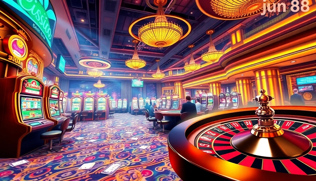 Experience the excitement of nhà cái jun88 with vibrant slot machines and poker action in a luxurious casino.