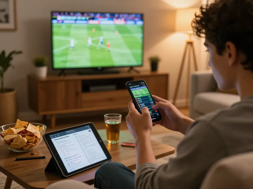 Sports betting enthusiast using the PH22 app on smartphone while watching a live game.