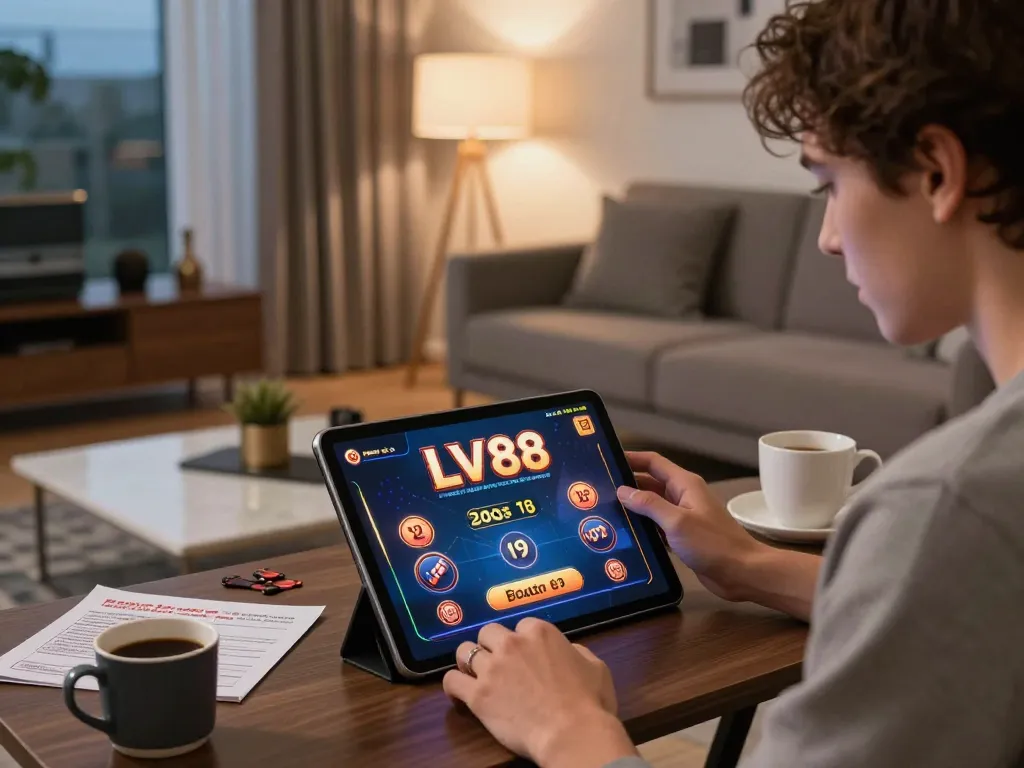 Engaging moment at home with LV88 online gaming on tablet, showcasing strategic poker gameplay.